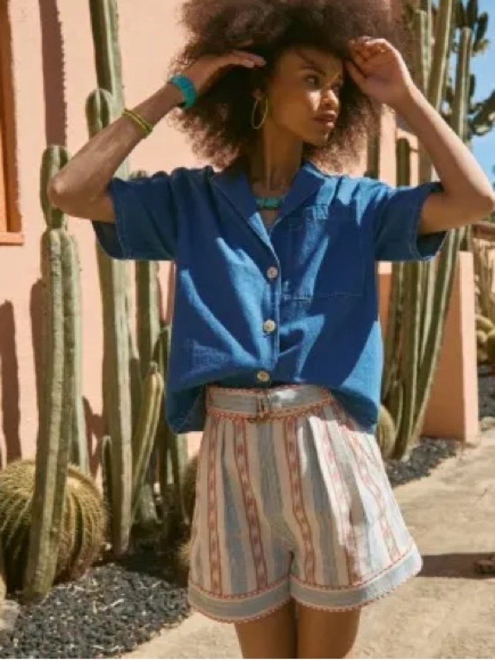 HUNTER BELL Boho Western Cream Shorts with Rust and Blue Stripes